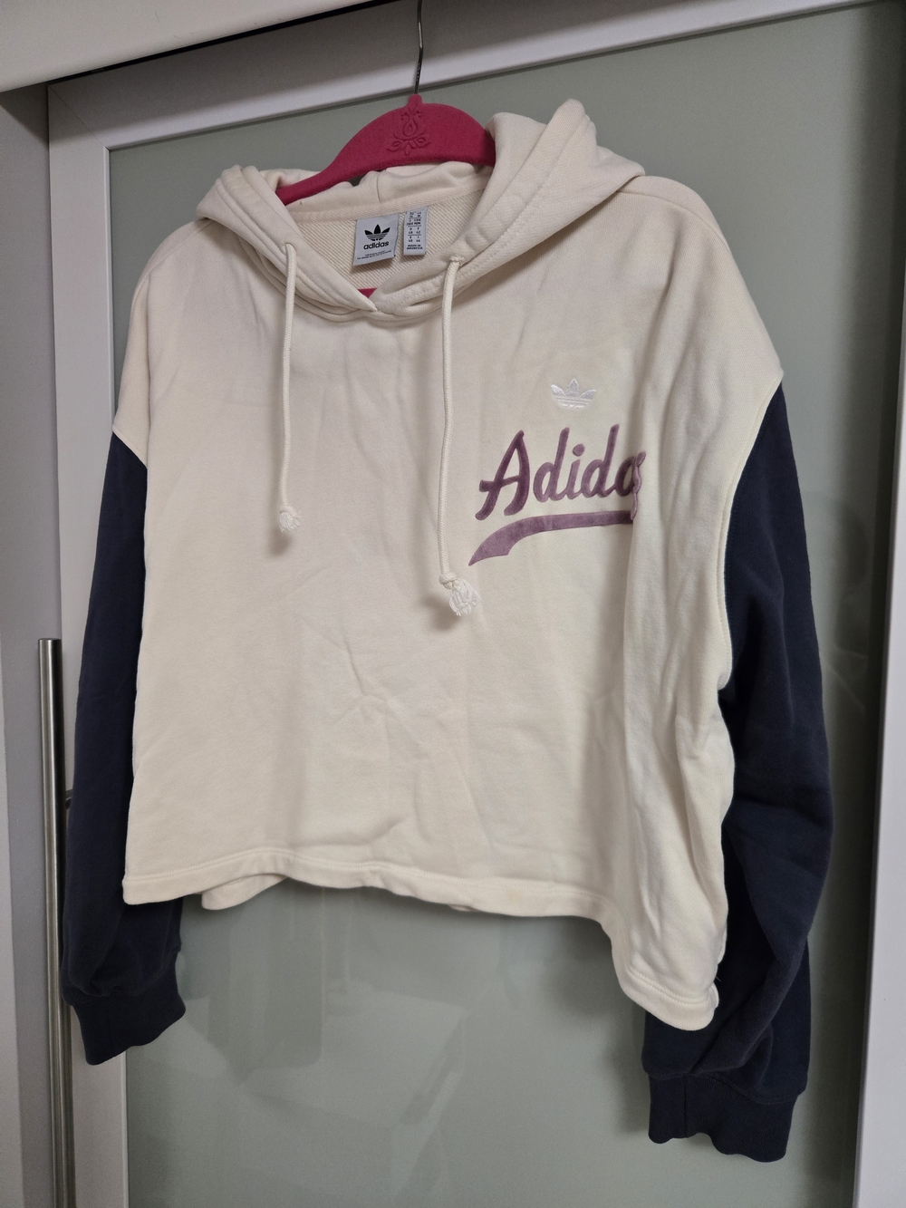 adidas Women's Cream Hoodie with Navy Sleeves and Pink Script